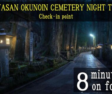 Lantern-lined cemetery path at night near Koyasan Gokuraku Stay in Wakayama, Kansai