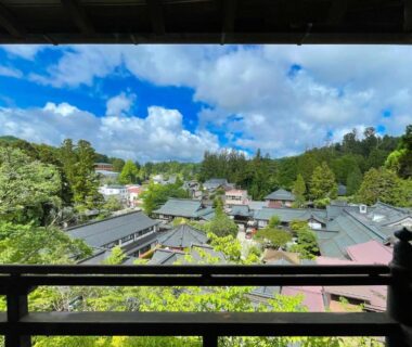Wooden balcony overlooking traditional rooftops and forested hills at Koyasan Shukubo Fugenin in Wakayama