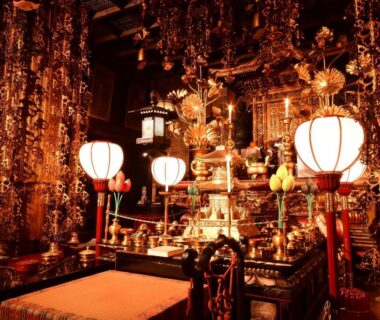 Gilded Buddhist altar with hanging ornaments and lanterns, Koyasan Shukubo Yochiin, Wakayama