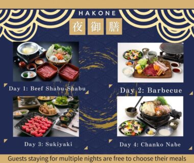 Shabu-shabu, barbecue, sukiyaki and chanko nabe meal options for Kozuka Hisanoha guests in Hakone