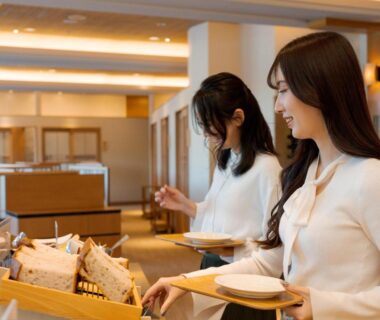 Two women selecting food at a ryokan buffet with plates, wooden counters and warm lighting