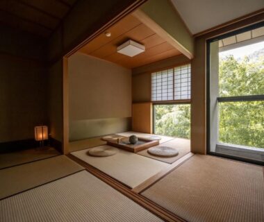 Tatami room with shoji screens and floor cushions at Kuriya Yasohachi in Ishikawa, Chūbu, Japan