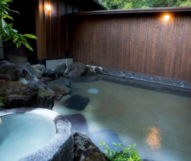 Stone onsen bath at Kurokawa Onsen Ryokan Ichinoi in Kumamoto, Kyushu