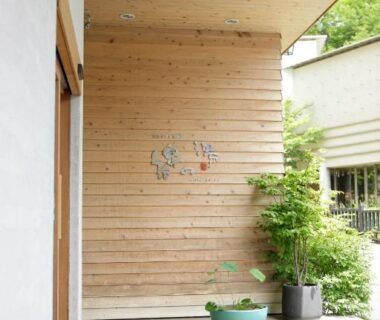Ryokan entrance with wooden cladding, stone steps and potted plants at Kusatsu Hotel Bekkan Wata no Yu in Gunma