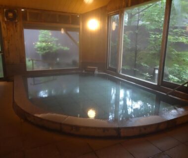 Calm indoor onsen bath with wooden interior and large windows overlooking lush garden at Kusatsu Skyland Hotel in Gunma