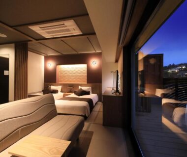 Japanese room with twin beds, seating and private terrace bath KusatsuOnsen AeruyadoTakamatsu Gunma Japan