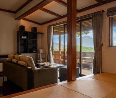 Tatami area with sofa and low table opening to balcony with green hills at Kusayane no yado Ryunohige