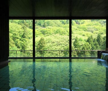 Indoor onsen bath with wide window framing lush forest at Kutsurogijuku Chiyotaki, Fukushima Tōhoku