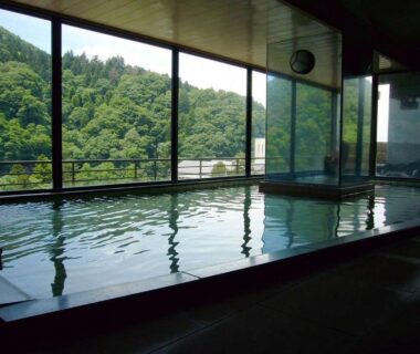 Indoor onsen bath with floor-to-ceiling windows and forested mountain view at Kutsurogijuku Chiyotaki, Fukushima
