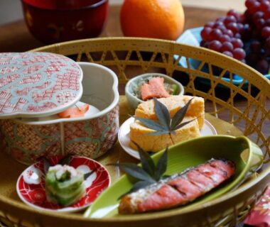 Woven tray with assorted small dishes at Kyomachiya Bettei Hanatei in Kyoto, Kansai