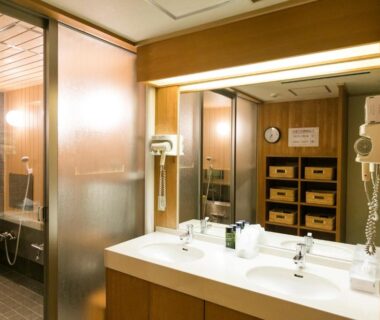 Double sink vanity with hairdryers and frosted shower partition at Kyonoyado Kagihei, Kyoto