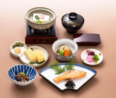 Japanese breakfast with grilled fish, tamagoyaki and chawanmushi at Kyoto Ryokan Hirashin, Kansai