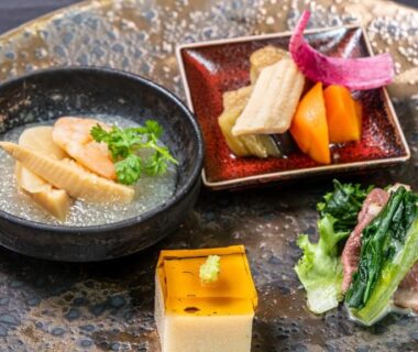 Assorted Japanese appetizers on ceramic plate at Kyoto no Yado Gion no Tsuki, Kyoto