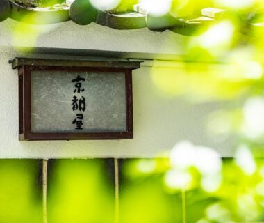Entrance signboard with Japanese characters framed by greenery at Kyotoya ryokan in Saga, Kyushu