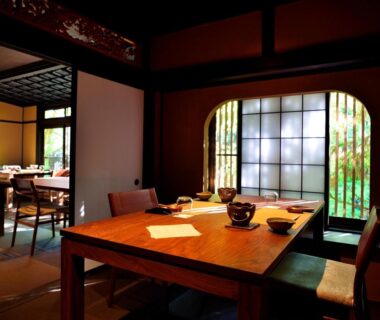 Tatami dining area with wooden table and shoji screens at Kyousen, Nagano, Chūbu