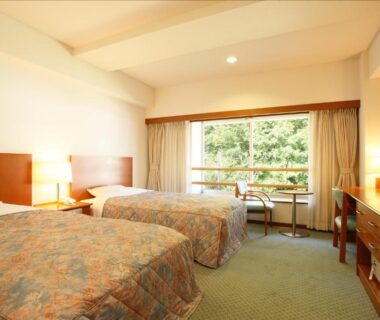 Twin western room with two beds, table by window overlooking trees, Kyukamura Iwate-Amiharionsen, Iwate Tōhoku