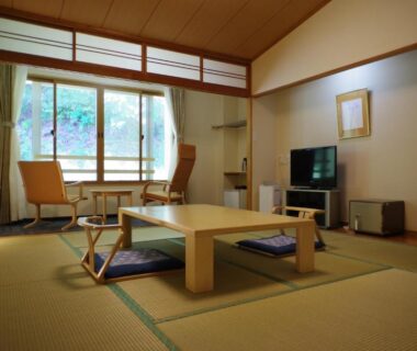 Traditional tatami room with low table, cushions and window seating at Kyukamura Iwate-Amiharionsen, Iwate