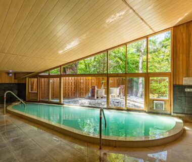 Indoor onsen with wooden interior and garden view at Kyukamura Nikko-Yumoto, Tochigi, Kantō, Japan
