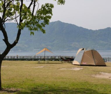 Tent pitched on grassy shoreline with tree, fence and distant mountains at Kyukamura Ohkunoshima Hiroshima