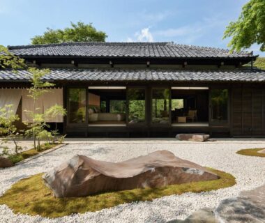Traditional ryokan facade with wooden veranda, raked gravel and moss rock garden at LOQUAT西伊豆 in Shizuoka