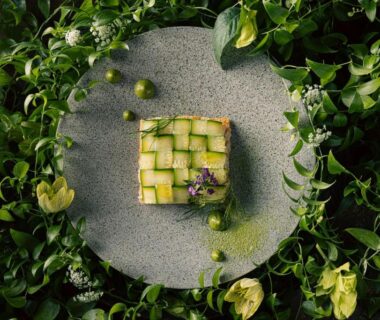 Woven green square on stone plate among leaves at LOQUAT西伊豆 Chūbu Japan