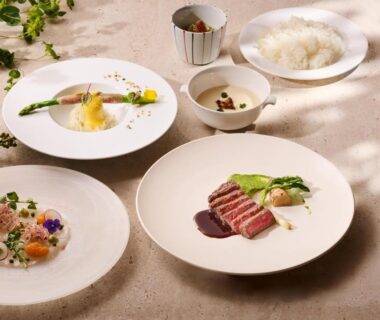 Assorted plated dishes including sliced beef, rice, and seafood at Laforet Hakone Gora Yunosumika in Kanagawa, Kantō, Japan