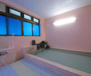 Tiled bathing area with tub and shower at Lake Side Hotel Minatoya in Fukushima
