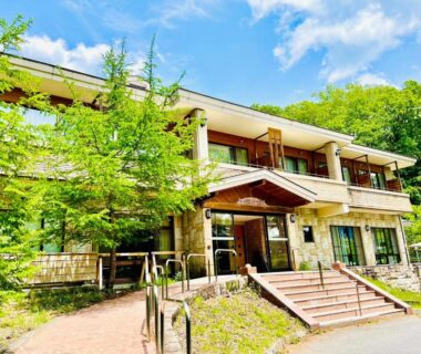 Two-story ryokan exterior with entrance steps and trees, Lake Side Nikko Hotel, Tochigi, Kantō, Japan