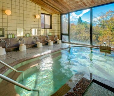 Indoor onsen bath with tiled interior and large window overlooking mountains at Lake Yamanakako Shuzansou, Yamanashi