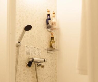 Small tiled shower with handheld faucet and wall shelves holding toiletries