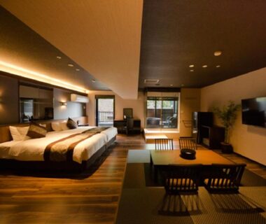 Spacious room with tatami seating and twin beds at LiVEMAX RESORT Aki Miyajima in Chūgoku Hiroshima Japan