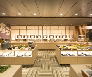 Buffet counters and shoji screens in LiVEMAX RESORT Aki Miyajima dining hall, Hiroshima