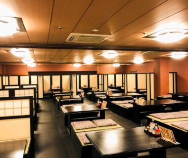 Low-table dining area with shoji partitions at LiVEMAX RESORT Aki Miyajima in Hiroshima