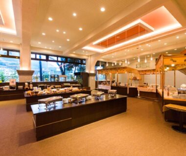 Buffet dining area with self-service counters and seating at LiVEMAX RESORT Kawaji, Tochigi