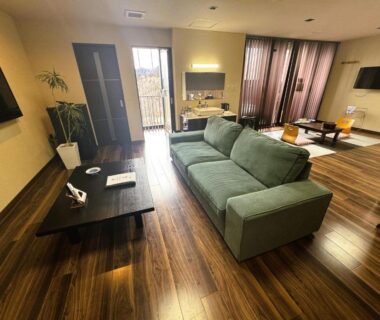Open lounge with sofa and TV at LiVEMAX RESORT Kinugawa, Tochigi, Kanto, Japan