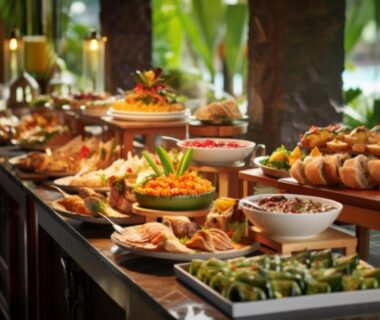 Assorted buffet dishes on wooden serving tables at LiVEMAX RESORT Setouchi Sea Front, Hyōgo, Kansai