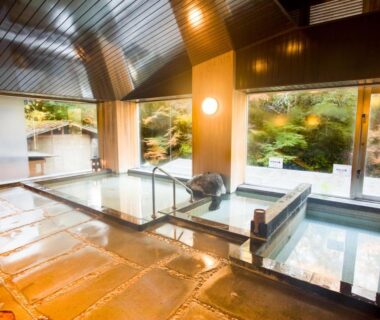 Tiled indoor onsen bath with wooden ceiling and large windows overlooking a tranquil garden at LiVEMAX RESORT Shizuoka Amagiyugashima