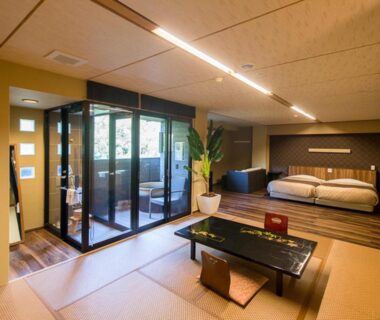 Tatami flooring with low table and cushion, raised bed area, glass-enclosed balcony and potted plant in ryokan room