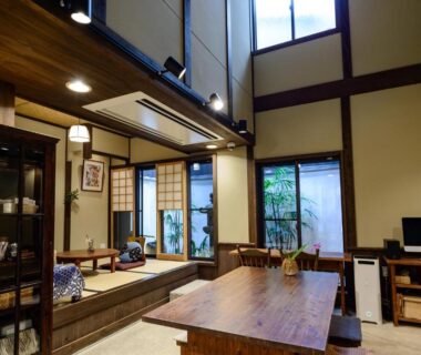 Tatami seating area with low table at Luck You Kyoto ryokan in Kyoto, Kansai, Japan