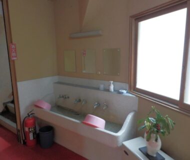 Small tiled communal bathing basin with faucets, plastic stools, window and plant at Maruka Ryokan in Nagano