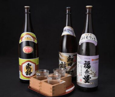 Three sake bottles and masu cups at Masuya Ryokan, Nagano, Chūbu