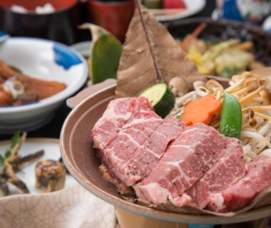Raw beef slices and vegetables prepared for tabletop cooking at Masuya Ryokan, Nagano, Chūbu
