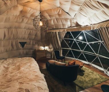 Geodesic dome interior with bed and seating at Matsukaneya Annex, Yamagata, Tōhoku, Japan