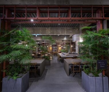 Interior lounge with wooden tables, bookshelves and potted palms at Matsumoto Jujo, Nagano, Chūbu
