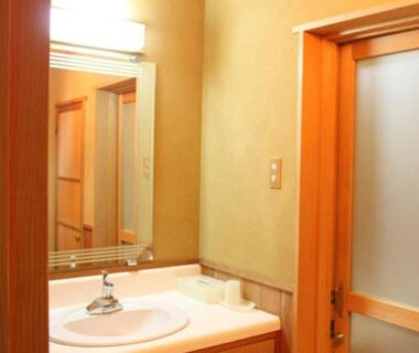 Wooden vanity with sink and mirror beside frosted door at Matsushima Koumura, Miyagi, Tōhoku