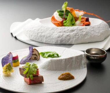 Artfully arranged plated dishes with vegetables and sauces at Mayu Futahari Shizuoka Chūbu