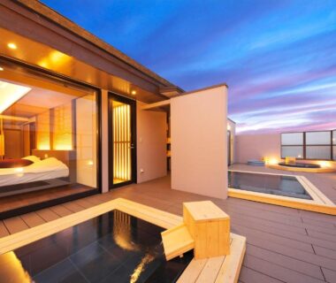 Rooftop wooden baths and open terrace outside modern guest room at Meitei no Yado, Yamanashi, Chūbu