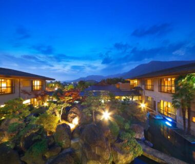 Illuminated central courtyard and traditional rooms at Meitei no Yado Hotel Koshien, Yamanashi, Chūbu Japan