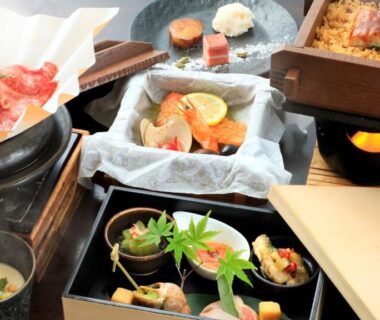 Assorted small plates and tabletop grills in ryokan dinner at Merveille Hakone Gora, Kanagawa
