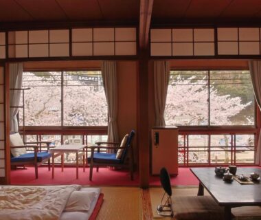 Tatami room with futon, low table and shoji screens; cherry blossoms visible through sliding windows at Migumiya Ryokan, Hyōgo